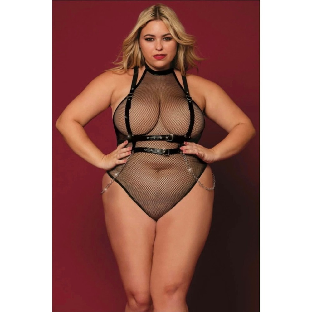 Dreamgirl Black Fishnet Teddy Faux Leather Harness Queen Plus Size 13291X